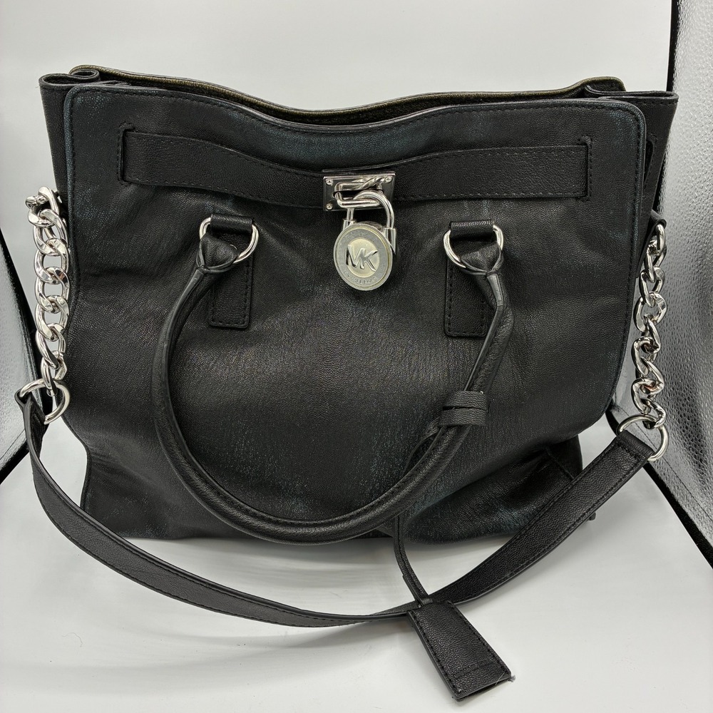 Michael Kors Hamilton Large Black Leather Tote Purse Silver Lock Hardware